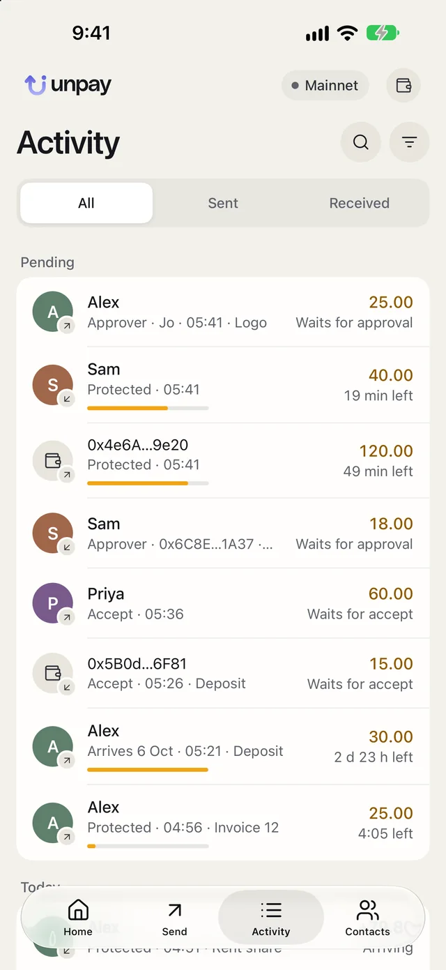 Unpay on iPhone: activity, pending payments with time left