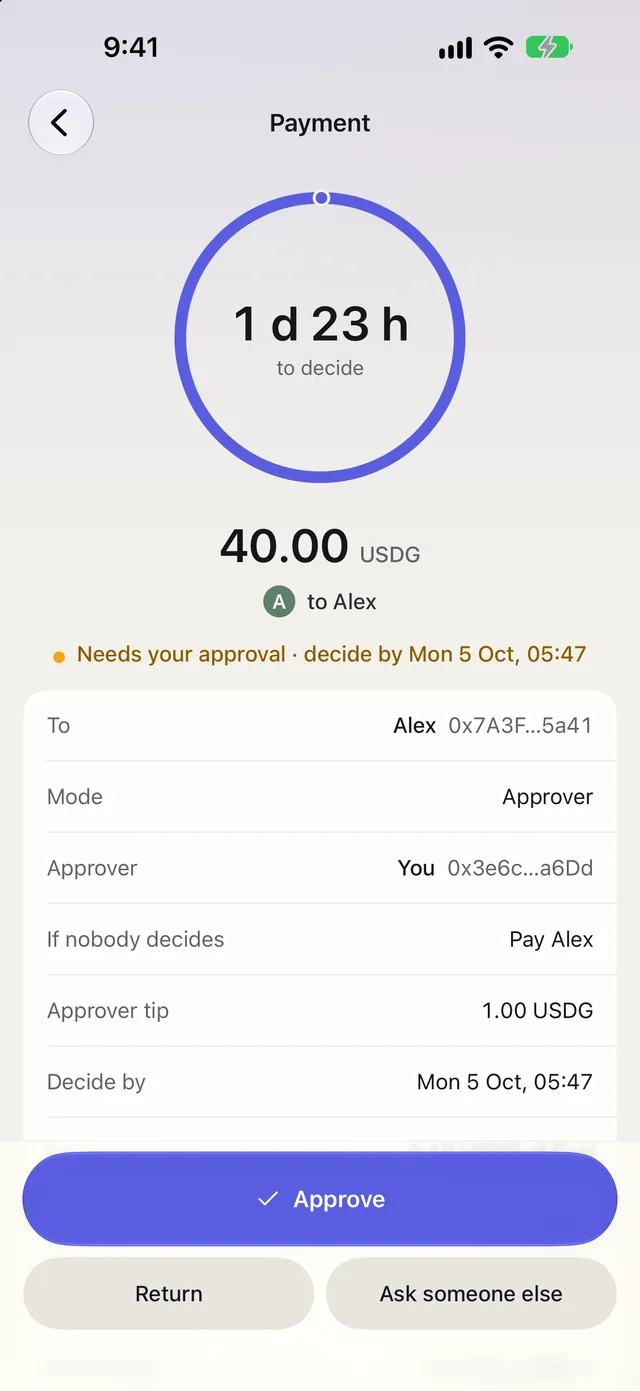 Unpay on iPhone: an approver payment waiting for a decision