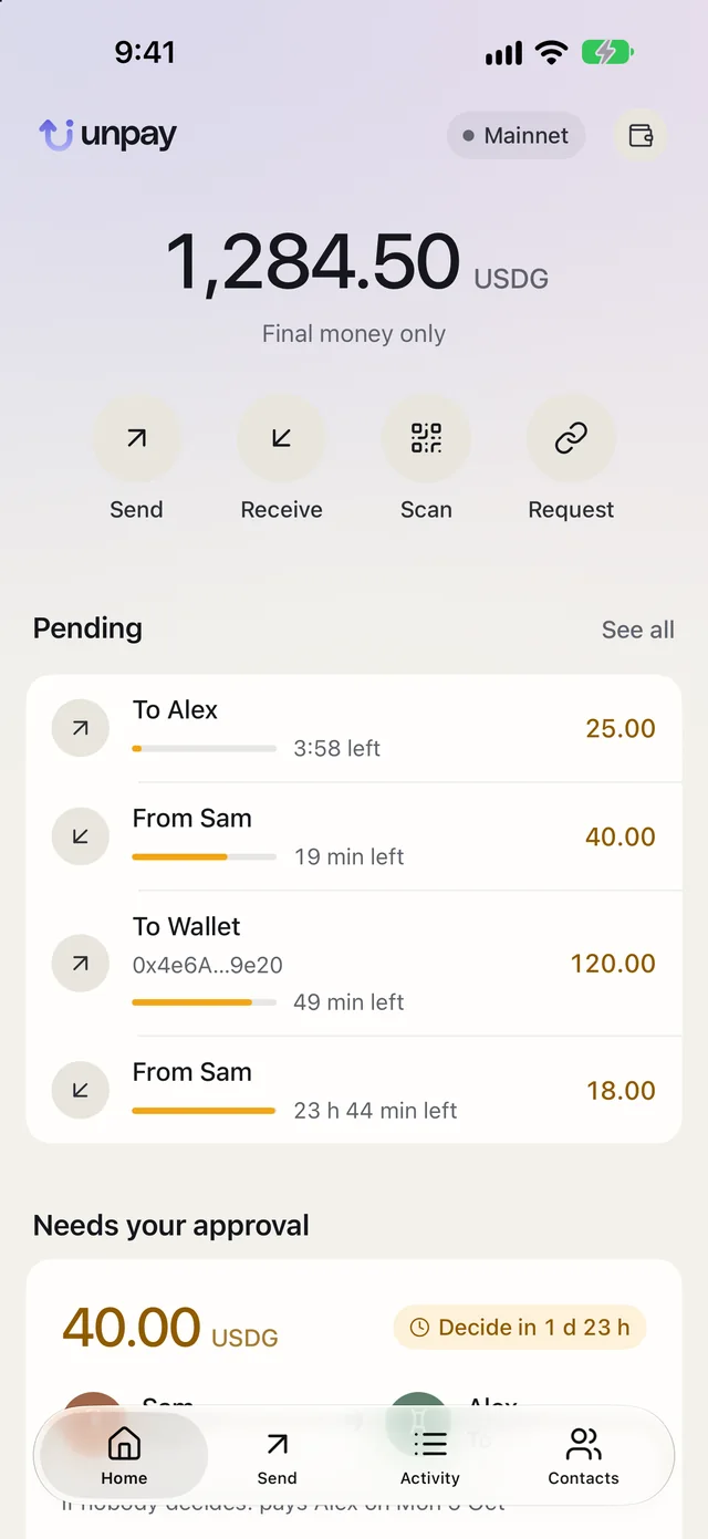 Unpay on iPhone: the home screen, balance in final money only