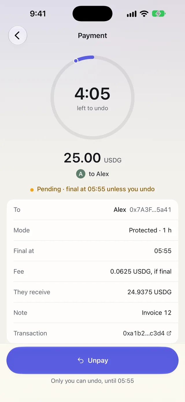 Unpay on iPhone: a pending payment and its details