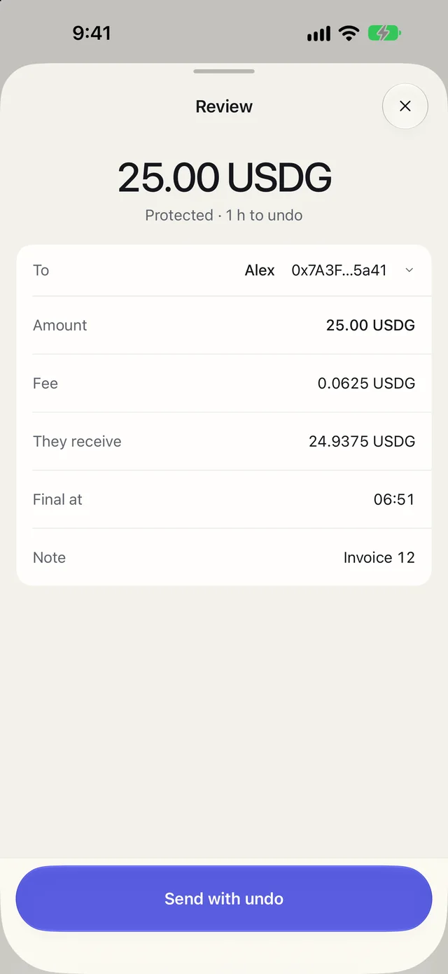 Unpay on iPhone: reviewing a 25 USDG payment with a 1 h undo window