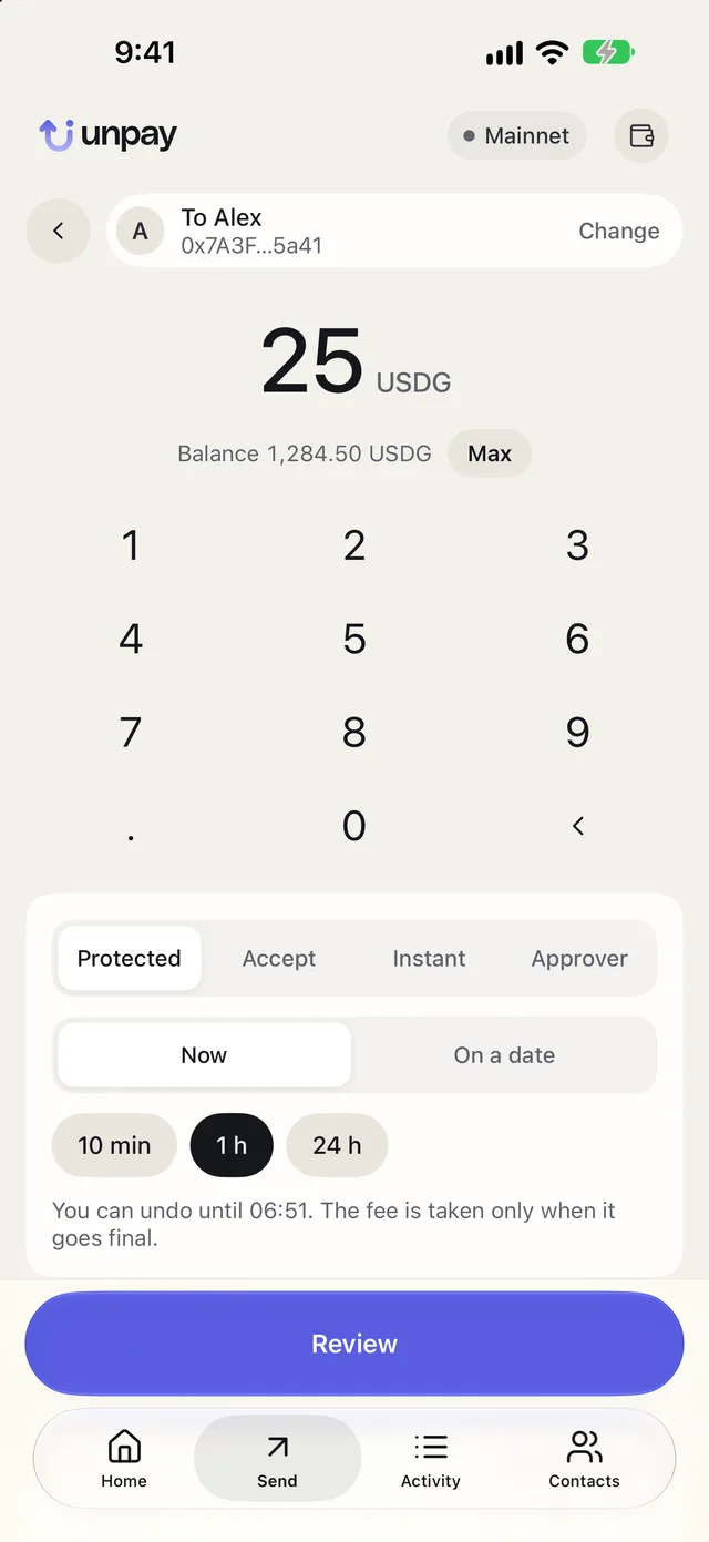 Unpay on iPhone: typing an amount, picking the undo window